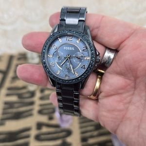 Slate Blue Fossil watch with rose gold accents and rhinestone details. Fashion